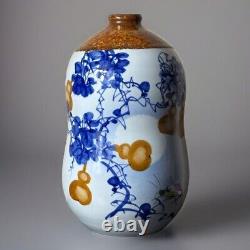 11.5 Old Chinese Blue White With Fruit Grasshopper Porcelain Bottle Vase Signed