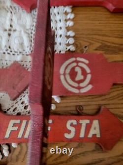 17 Antique Vintage Factory Old Worn Wood Fire Station Arrow Sign Red White 18L