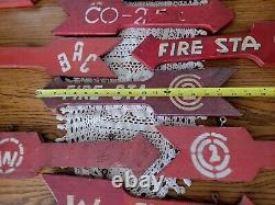 17 Antique Vintage Factory Old Worn Wood Fire Station Arrow Sign Red White 18L