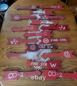 17 Antique Vintage Factory Old Worn Wood Fire Station Arrow Sign Red White 18L