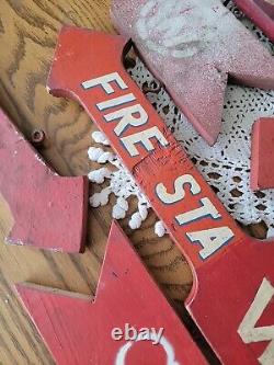 17 Antique Vintage Factory Old Worn Wood Fire Station Arrow Sign Red White 18L