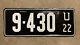 1922 Utah License Plate 9-430 White On Black Embossed