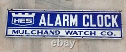 1930's Antique Old Rare HES Alarm Clock Dealer Ad Porcelain Enamel Sign Board