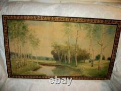 1930s OIL PAINTING FOLK ART PRIMITIVE LANDSCAPE BIRCH TREES OLD WOOD CRATE