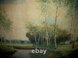 1930s OIL PAINTING FOLK ART PRIMITIVE LANDSCAPE BIRCH TREES OLD WOOD CRATE