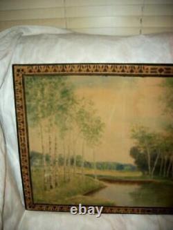 1930s OIL PAINTING FOLK ART PRIMITIVE LANDSCAPE BIRCH TREES OLD WOOD CRATE