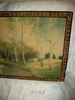 1930s OIL PAINTING FOLK ART PRIMITIVE LANDSCAPE BIRCH TREES OLD WOOD CRATE