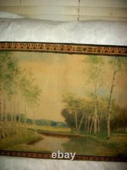 1930s OIL PAINTING FOLK ART PRIMITIVE LANDSCAPE BIRCH TREES OLD WOOD CRATE