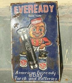 1930s Old Antique Vintage Eveready Torch & Batteries Porcelain Enamel Sign Board