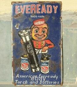 1930s Old Antique Vintage Eveready Torch & Batteries Porcelain Enamel Sign Board