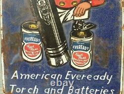 1930s Old Antique Vintage Eveready Torch & Batteries Porcelain Enamel Sign Board