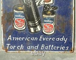 1930s Old Antique Vintage Eveready Torch & Batteries Porcelain Enamel Sign Board