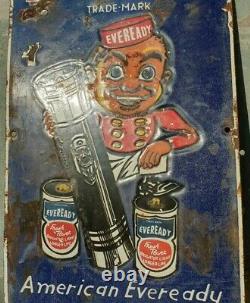 1930s Old Antique Vintage Eveready Torch & Batteries Porcelain Enamel Sign Board