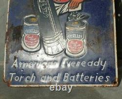 1930s Old Antique Vintage Eveready Torch & Batteries Porcelain Enamel Sign Board