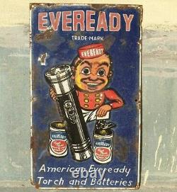 1930s Old Antique Vintage Eveready Torch & Batteries Porcelain Enamel Sign Board