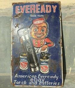 1930s Old Antique Vintage Eveready Torch & Batteries Porcelain Enamel Sign Board