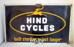 1940's Antique Old Mint Condition Hind Cycles Ad Porcelain Enamel Sign Board