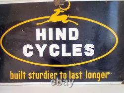 1940's Antique Old Mint Condition Hind Cycles Ad Porcelain Enamel Sign Board