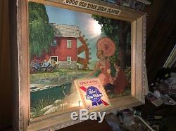 1950s Antique Pabst Blue Ribbon Old Mill Shadowbox Motion Beer Sign Light PBR