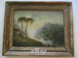 19th Century Painting Signed Summers Antique Primitive Tropical Palms Old Huts