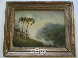 19th Century Painting Signed Summers Antique Primitive Tropical Palms Old Huts