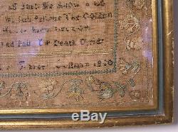 200 yr. Old Antique Linen Framed Signed Sampler 1820 WithFLOWERED BORDER