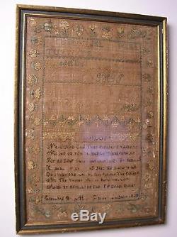 200 yr. Old Antique Linen Framed Signed Sampler 1820 WithFLOWERED BORDER