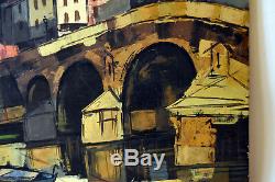 24 Vintage Oil Painting Canvas Signed GERARD Old Town View Boat & Bridge