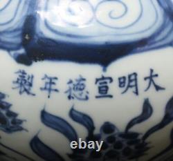 29CM Xuande Old Signed Antique Chinese Blue & White Porcelain Vase with fish