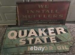 2 Old Antique Metal Automotive Signs Quaker State Oil and Walker Muffler