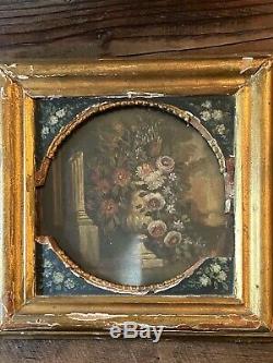 2 Vintage Framed Oil On Board Floral Paintings In An Old Gilt Frame 12x12