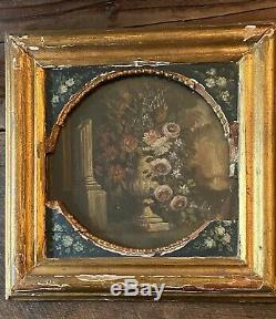 2 Vintage Framed Oil On Board Floral Paintings In An Old Gilt Frame 12x12