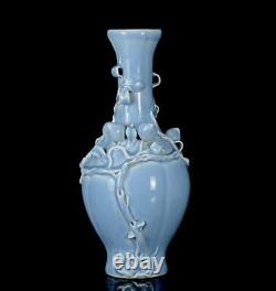 32CM Qianlong Signed Old Chinese Blue Glaze Vase Withpeach