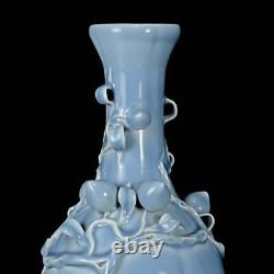 32CM Qianlong Signed Old Chinese Blue Glaze Vase Withpeach