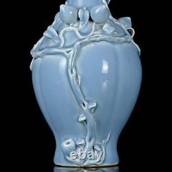 32CM Qianlong Signed Old Chinese Blue Glaze Vase Withpeach