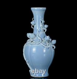 32CM Qianlong Signed Old Chinese Blue Glaze Vase Withpeach