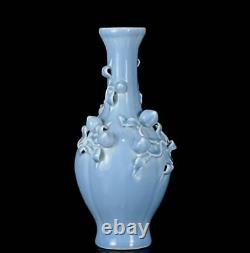 32CM Qianlong Signed Old Chinese Blue Glaze Vase Withpeach