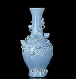 32CM Qianlong Signed Old Chinese Blue Glaze Vase Withpeach