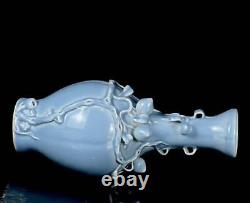 32CM Qianlong Signed Old Chinese Blue Glaze Vase Withpeach