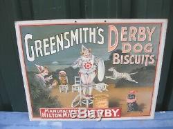41343 Old Vintage Antique Card Sign Shop Advert Enamel Derby Dog Biscuits Tin