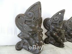 4 Antique French Cast Iron Lion Head Feets- Old Coal Stove Feets Signed Martin