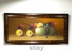 ANTIQUE 19TH C. Signed STILL LIFE PASTEL PAINTING FRUIT BOWL Old Framed Wall Art