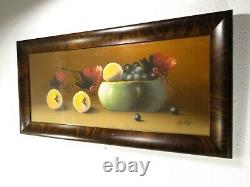 ANTIQUE 19TH C. Signed STILL LIFE PASTEL PAINTING FRUIT BOWL Old Framed Wall Art
