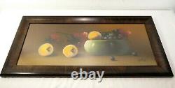 ANTIQUE 19TH C. Signed STILL LIFE PASTEL PAINTING FRUIT BOWL Old Framed Wall Art