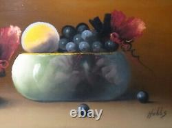 ANTIQUE 19TH C. Signed STILL LIFE PASTEL PAINTING FRUIT BOWL Old Framed Wall Art