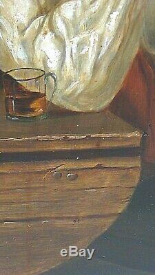 ANTIQUE DUTCH 19c FLEMISH OIL PAINTING OF A OLD JOINER MAN EATING AT A. TABLE #1