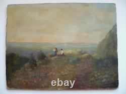 ANTIQUE OLD OIL PAINTING Signed ROMANTIC ROMANCE LANDSCAPE MOUNTAIN CLIFF NATURE