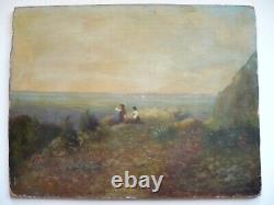 ANTIQUE OLD OIL PAINTING Signed ROMANTIC ROMANCE LANDSCAPE MOUNTAIN CLIFF NATURE