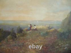 ANTIQUE OLD OIL PAINTING Signed ROMANTIC ROMANCE LANDSCAPE MOUNTAIN CLIFF NATURE