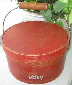 ANTIQUE PANTRY BOX WithLID, BAIL HANDLE, IN OLD RED PAINT, SIGNED S. O. HINGHAM MASS